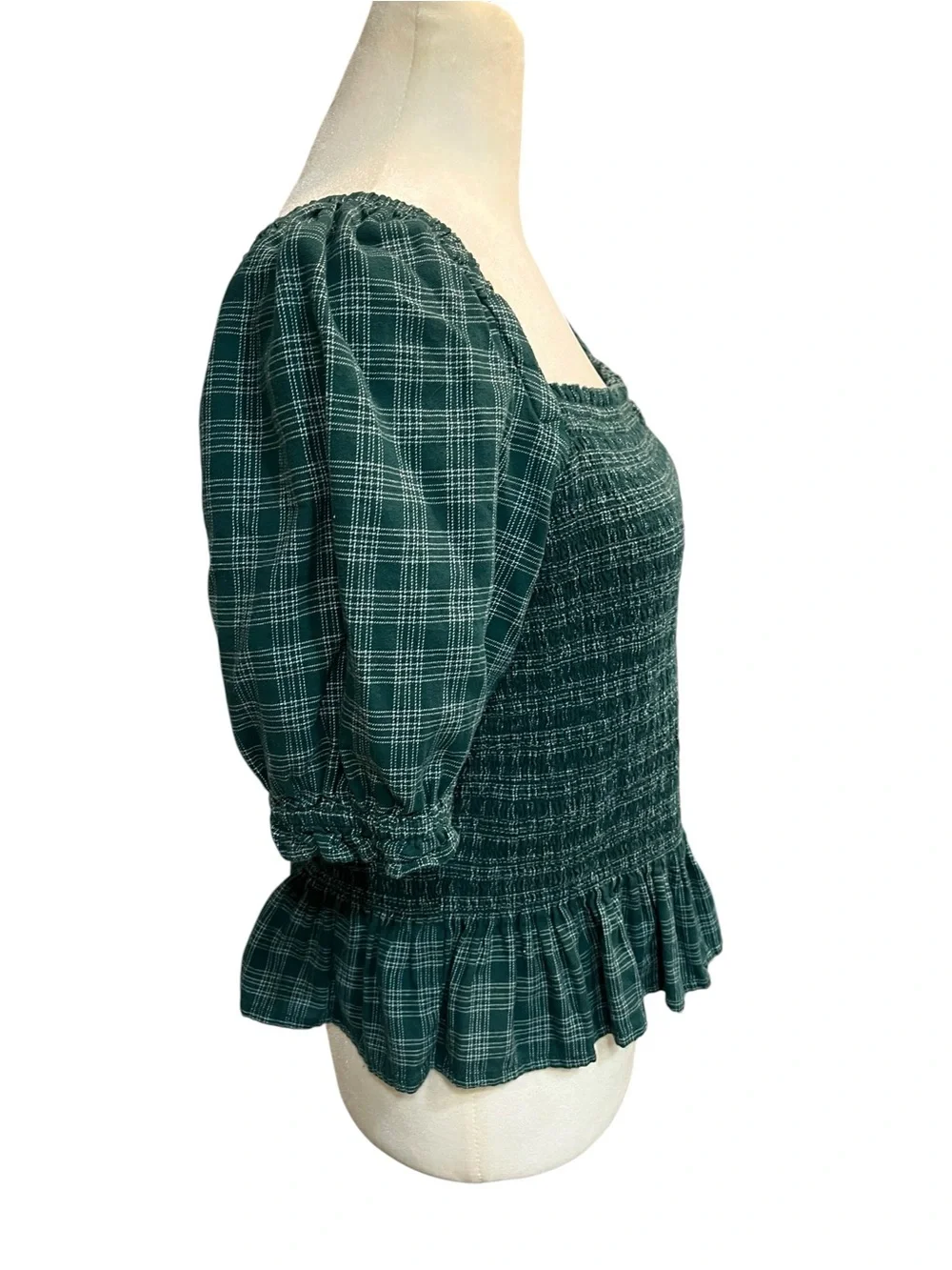 J.Crew 100% Cotton Green Plaid Smocked Square Neck w/Puff Sleeve Top - Medium